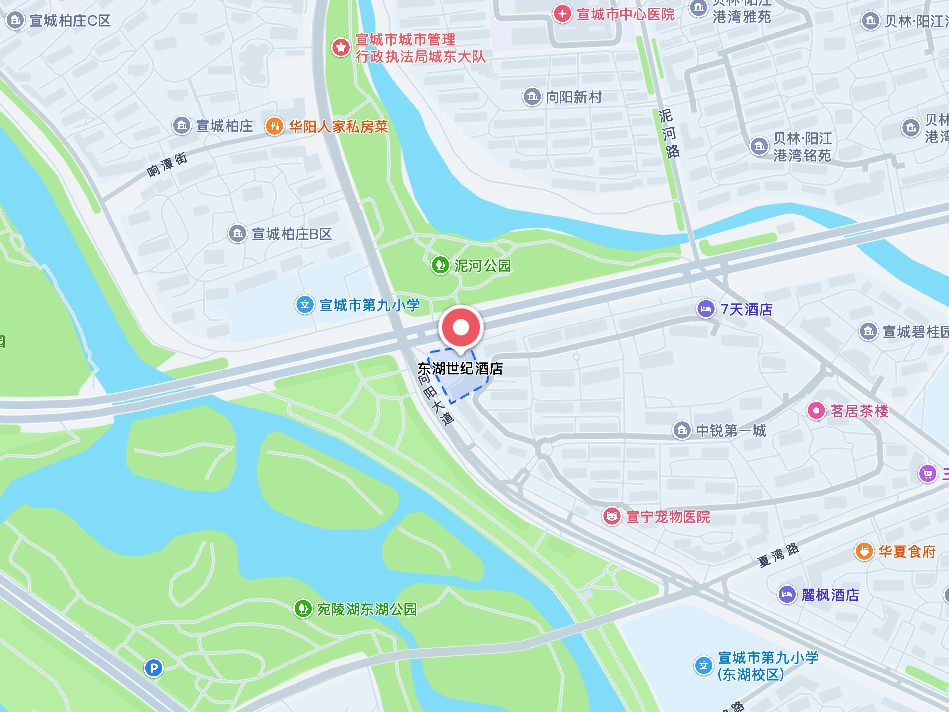 宣城市东湖世纪酒店位置截图，红色标记位于向阳大道旁